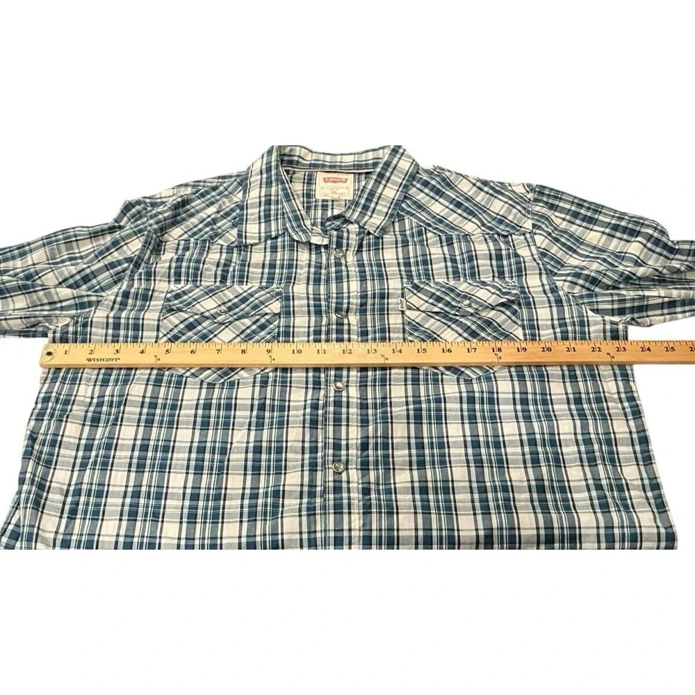Levi's Shirt Mens XL Western Pearl Snap Blue Plaid Long Sleeve‎ Cotton Cowboy